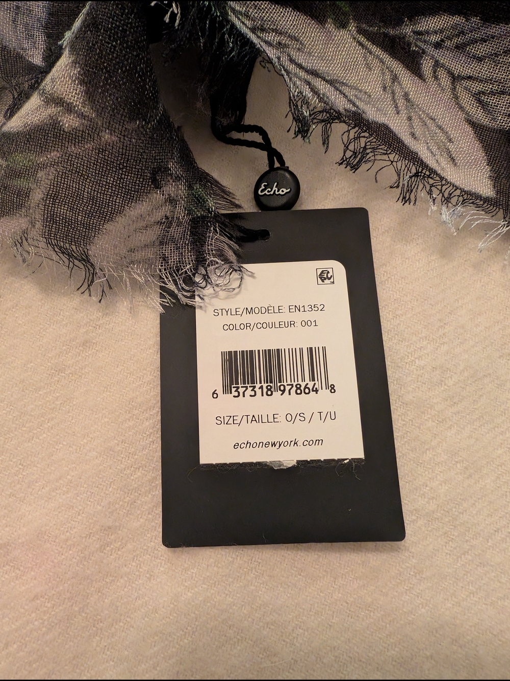 Echo Wool Blend Floral Black Lightweight Scarf with Fringe OS - Picture 9 of 10